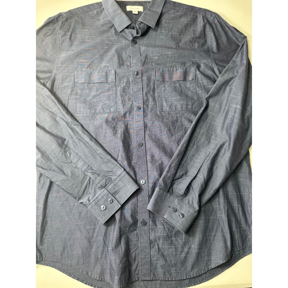 Calvin Klein Mens Navy Blue Slub Long Sleeve Button Up Shirt Large Dual Pockets